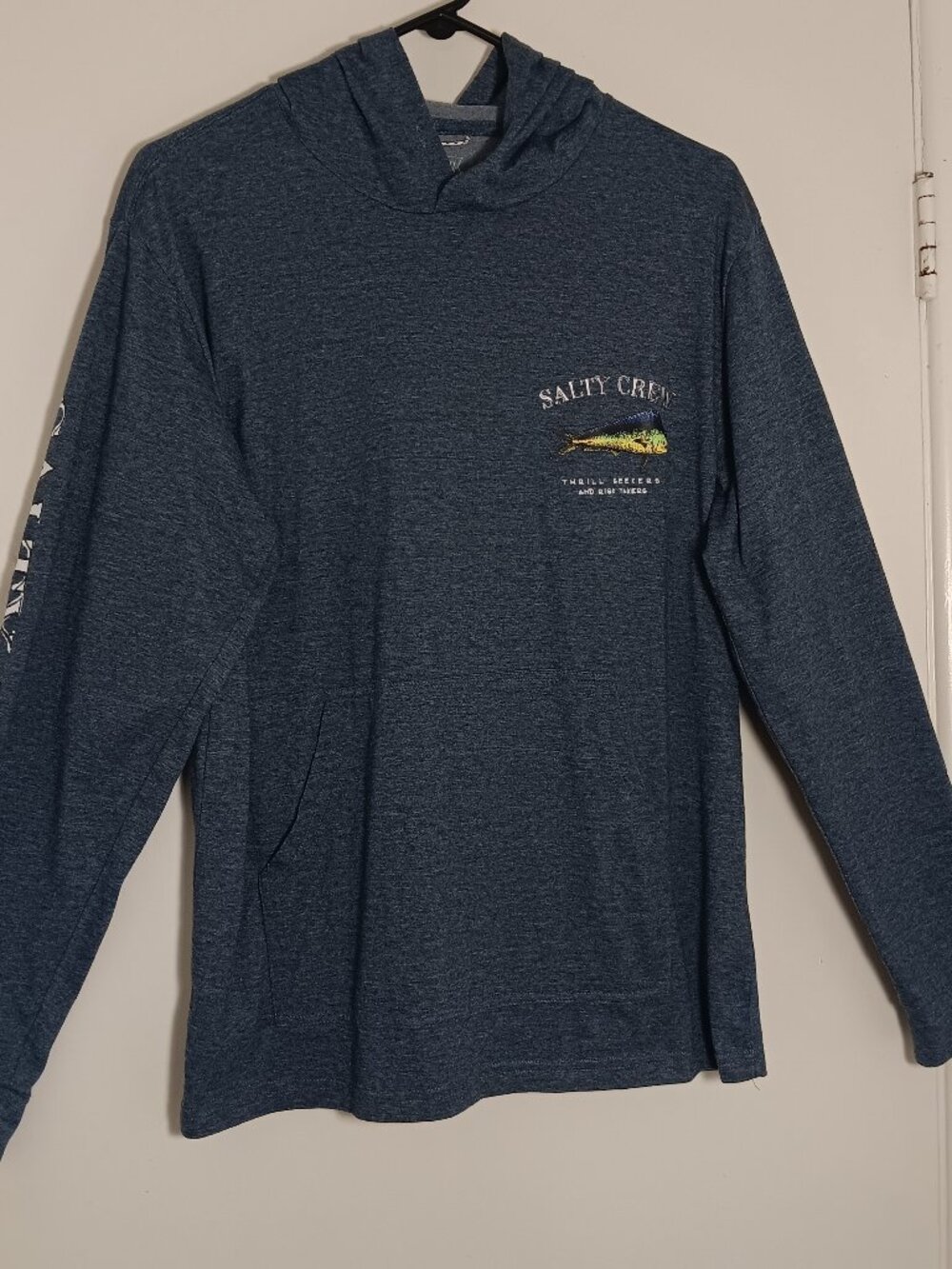 Salty crew hooded fishing shirt mens large blue Mahi Mahi UPD 40+ t